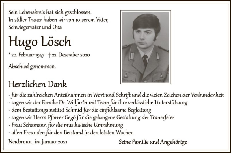  Traueranzeige für Hugo Lösch vom 30.01.2021 aus Fränkische Nachrichten