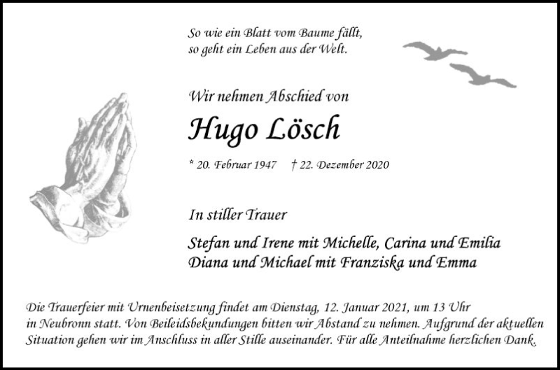  Traueranzeige für Hugo Lösch vom 05.01.2021 aus Fränkische Nachrichten