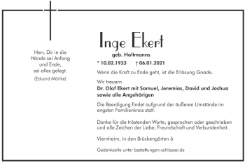 Traueranzeige von Inge Ekert von Südhessen Morgen