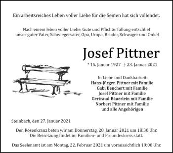 Traueranzeige von Josef Pittner von Fränkische Nachrichten