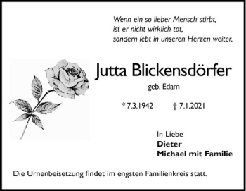 Traueranzeige von Jutta Blickensdörfer von Mannheimer Morgen