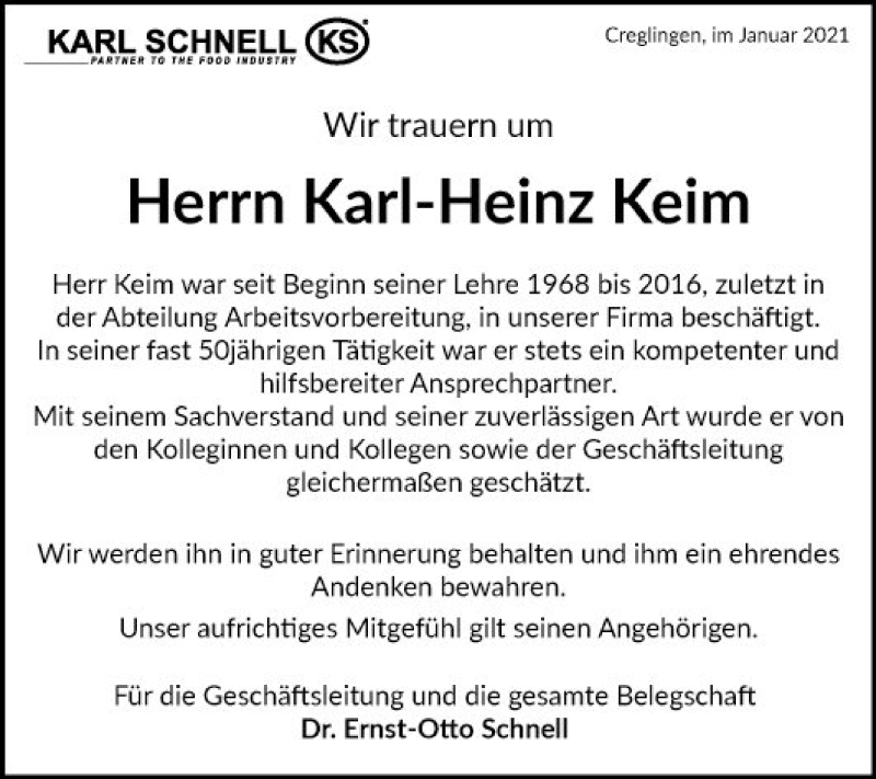  Traueranzeige für Karl-Heinz Keim vom 08.01.2021 aus Fränkische Nachrichten