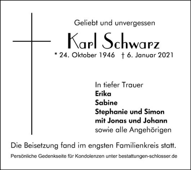  Traueranzeige für Karl Schwarz vom 23.01.2021 aus Mannheimer Morgen