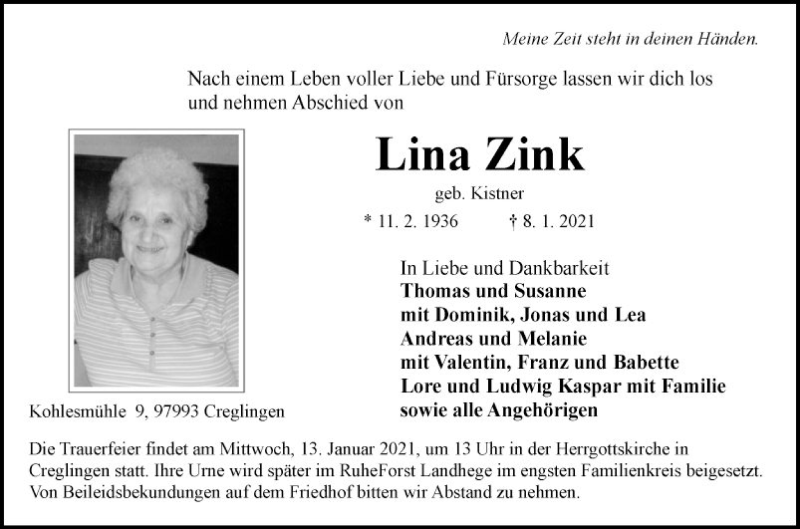  Traueranzeige für Lina Zink vom 12.01.2021 aus Fränkische Nachrichten