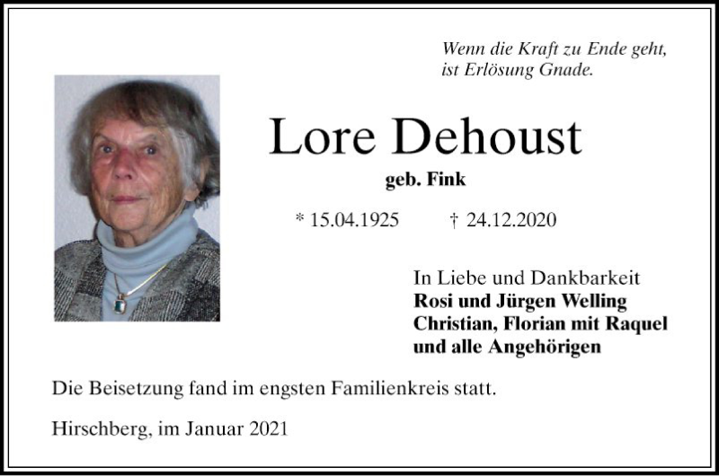  Traueranzeige für Lore Dehoust vom 16.01.2021 aus Mannheimer Morgen