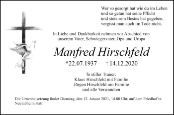 Traueranzeige von Manfred Hirschfeld von Schwetzinger Zeitung