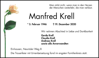 Traueranzeige von Manfred Krell von Bergsträßer Anzeiger