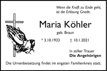 Traueranzeige von Maria Köhler von Mannheimer Morgen