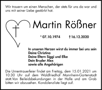 Traueranzeige von Martin Rößner von Mannheimer Morgen