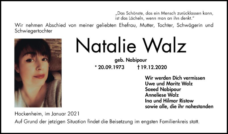  Traueranzeige für Natalie Walz vom 09.01.2021 aus Schwetzinger Zeitung