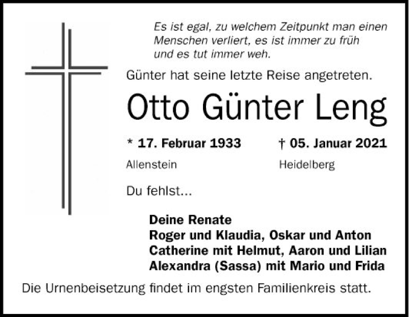  Traueranzeige für Otto Günter Leng vom 23.01.2021 aus Mannheimer Morgen