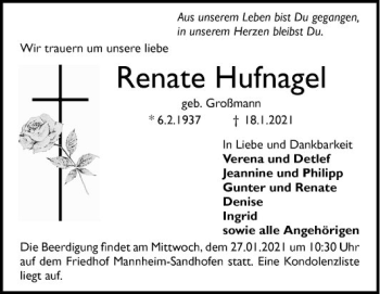 Traueranzeige von Renate Hufnagel von Mannheimer Morgen