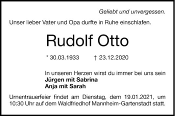 Traueranzeige von Rudolf Otto von Mannheimer Morgen