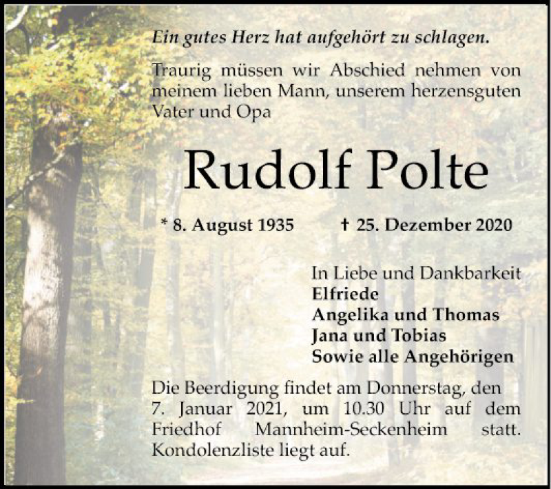  Traueranzeige für Rudolf Polte vom 02.01.2021 aus Mannheimer Morgen