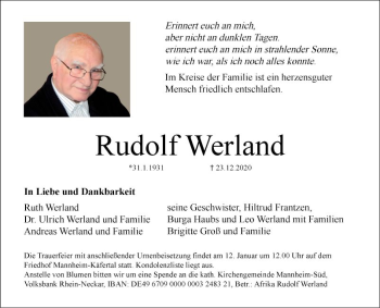 Traueranzeige von Rudolf Werland von Mannheimer Morgen