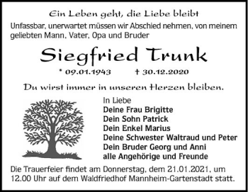 Traueranzeige von Siegfried Trunk von Mannheimer Morgen