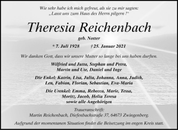 Traueranzeige von Theresia Reichenbach von Bergsträßer Anzeiger