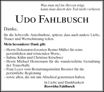 Traueranzeige von Udo Fahlbusch von Schwetzinger Zeitung