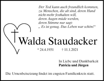 Traueranzeige von Walda Staudacker von Mannheimer Morgen