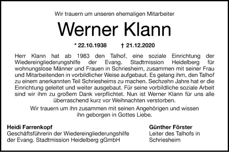  Traueranzeige für Werner Klann vom 02.01.2021 aus Mannheimer Morgen