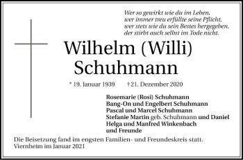 Traueranzeige von Wilhelm Schuhmann von Mannheimer Morgen