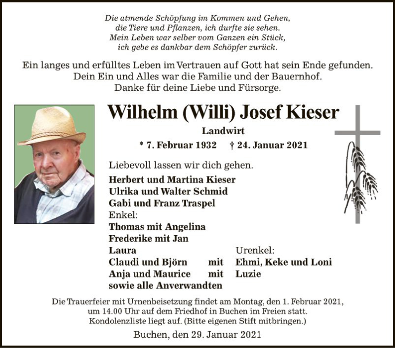  Traueranzeige für Wilhelm Josef Kieser vom 29.01.2021 aus Fränkische Nachrichten