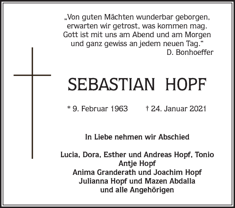  Traueranzeige für Sebastian Hopf vom 29.01.2021 aus 
