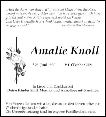 Traueranzeige von Amalie Knoll von Mannheimer Morgen
