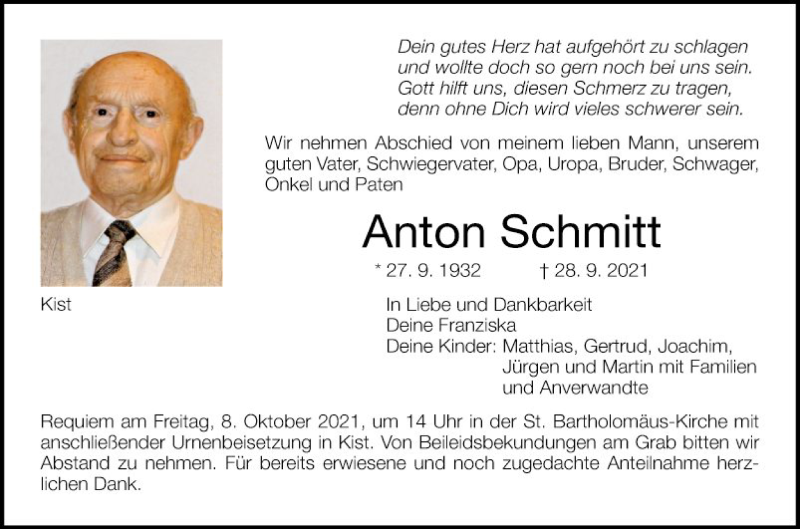  Traueranzeige für Anton Schmitt vom 02.10.2021 aus Fränkische Nachrichten