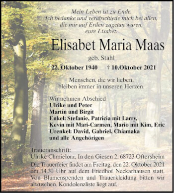 Traueranzeige von Elisabet Maria Maas von Mannheimer Morgen