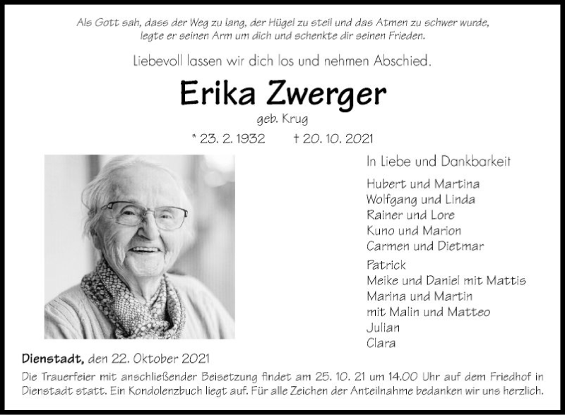  Traueranzeige für Erika Zwerger vom 22.10.2021 aus Fränkische Nachrichten