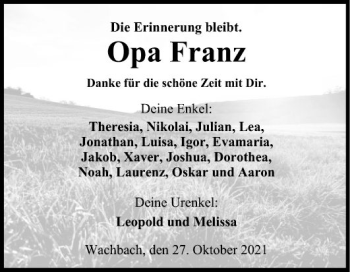 Traueranzeige von Franz  von Fränkische Nachrichten