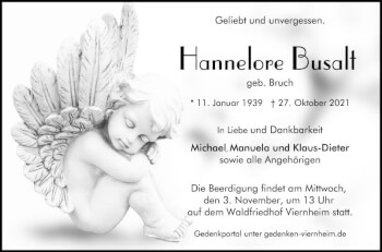 Traueranzeige von Hannelore Busalt von Südhessen Morgen