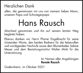 Traueranzeige von Hans Rausch von Bergsträßer Anzeiger