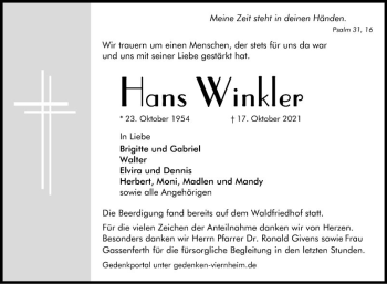 Traueranzeige von Hans Winkler von Mannheimer Morgen
