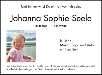 Traueranzeige von Johanna Sophie Seele von Schwetzinger Zeitung