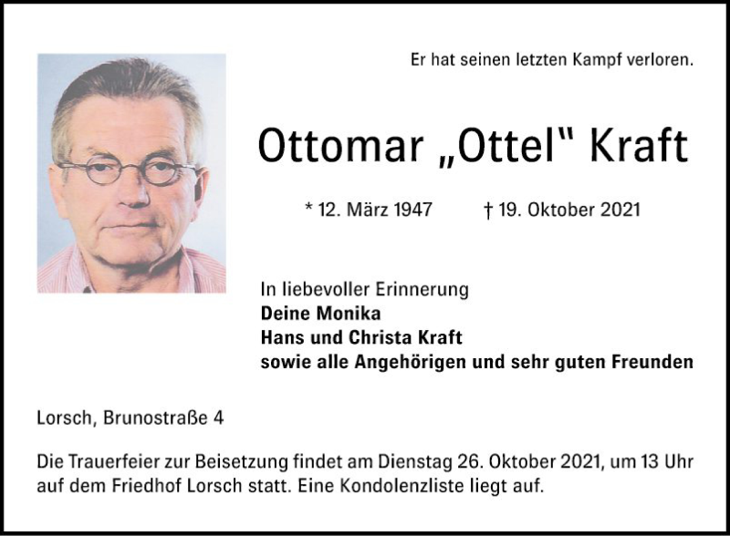  Traueranzeige für Ottomar Ottel Kraft vom 22.10.2021 aus Bergsträßer Anzeiger