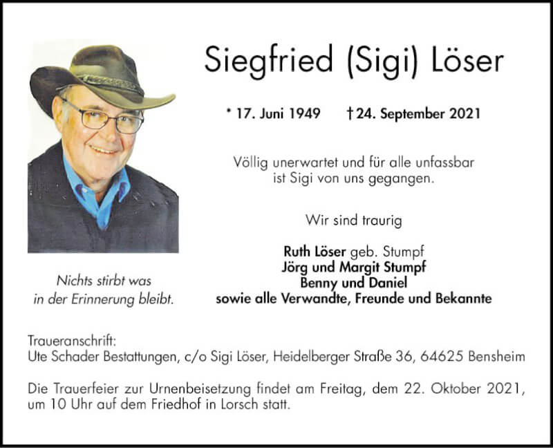  Traueranzeige für Siegfried Löser vom 16.10.2021 aus Bergsträßer Anzeiger