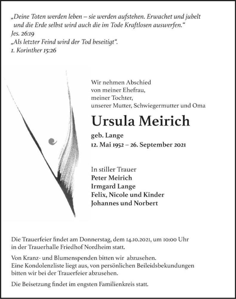  Traueranzeige für Ursula Meirich vom 09.10.2021 aus Mannheimer Morgen