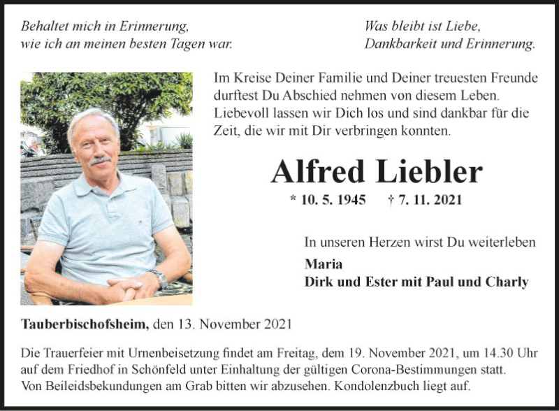  Traueranzeige für Alfred Liebler vom 13.11.2021 aus Fränkische Nachrichten