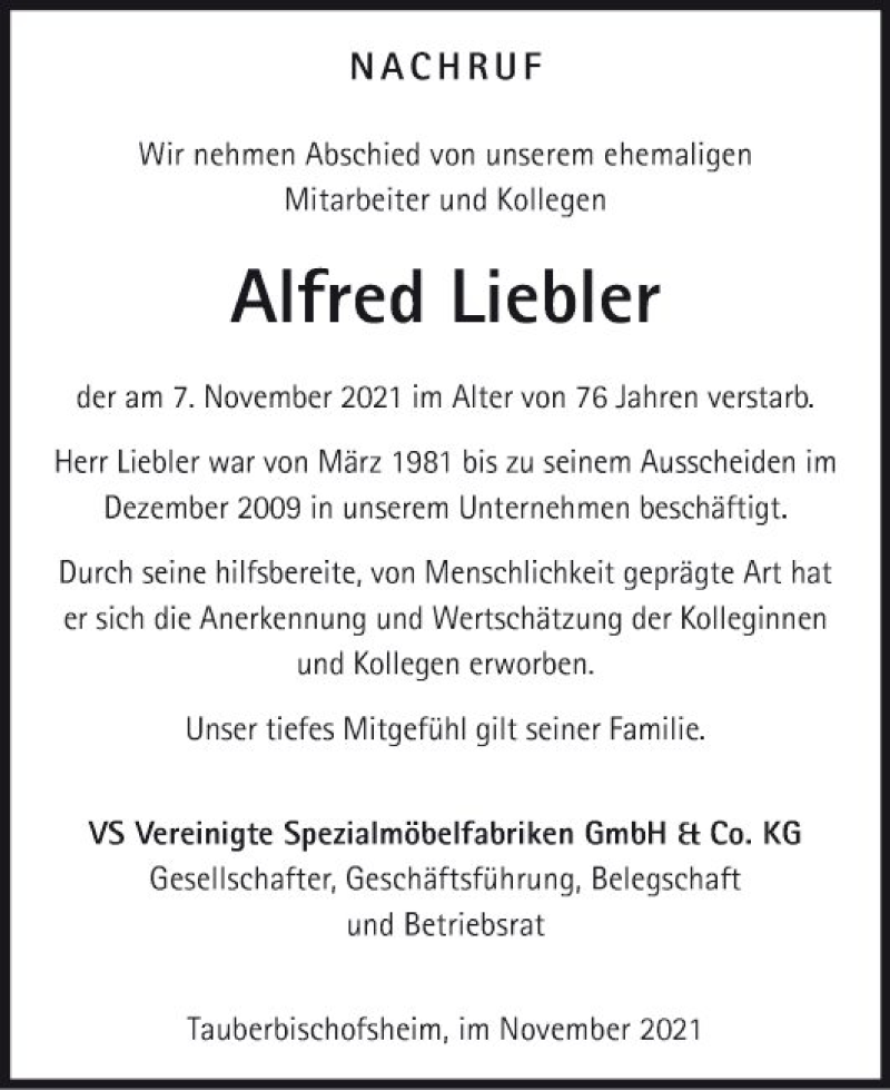  Traueranzeige für Alfred Liebler vom 16.11.2021 aus Fränkische Nachrichten