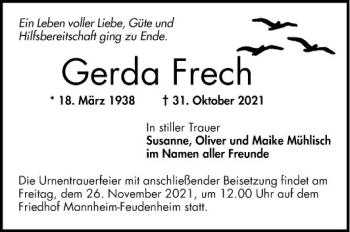 Traueranzeige von Gerda Frech von Mannheimer Morgen