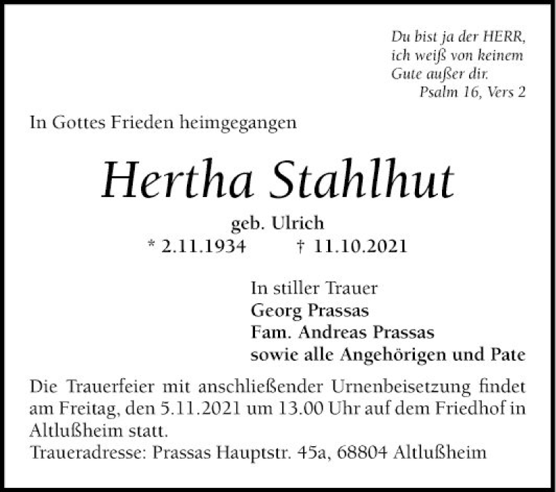  Traueranzeige für Hertha Stahlhut vom 03.11.2021 aus Schwetzinger Zeitung