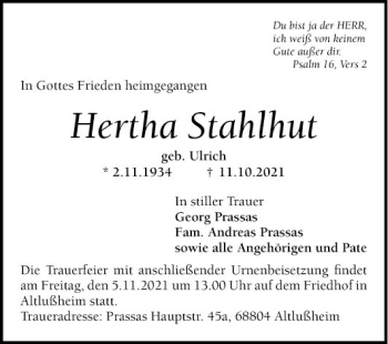 Traueranzeige von Hertha Stahlhut von Schwetzinger Zeitung