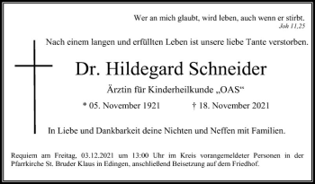 Traueranzeige von Hildegard Schneider von Mannheimer Morgen