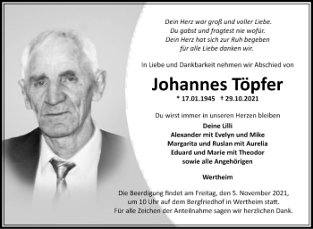 Traueranzeige von Johannes Töpfer von Fränkische Nachrichten