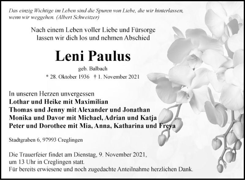  Traueranzeige für Leni Paulus vom 06.11.2021 aus Fränkische Nachrichten