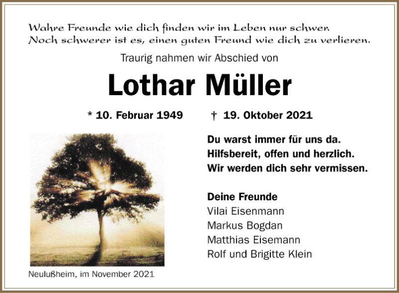 Traueranzeige für Lothar Müller vom 06.11.2021 aus Schwetzinger Zeitung