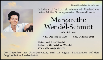 Traueranzeige von Margarethe Wendel-Schmitt von Bergsträßer Anzeiger