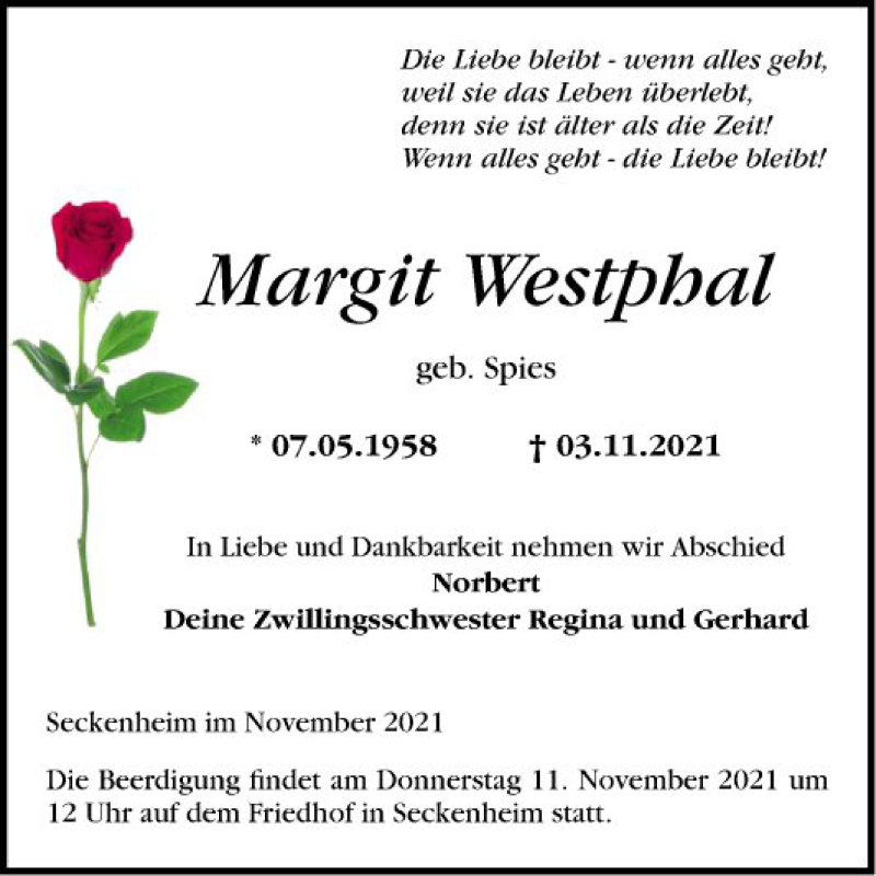  Traueranzeige für Margit Westphal vom 09.11.2021 aus Mannheimer Morgen